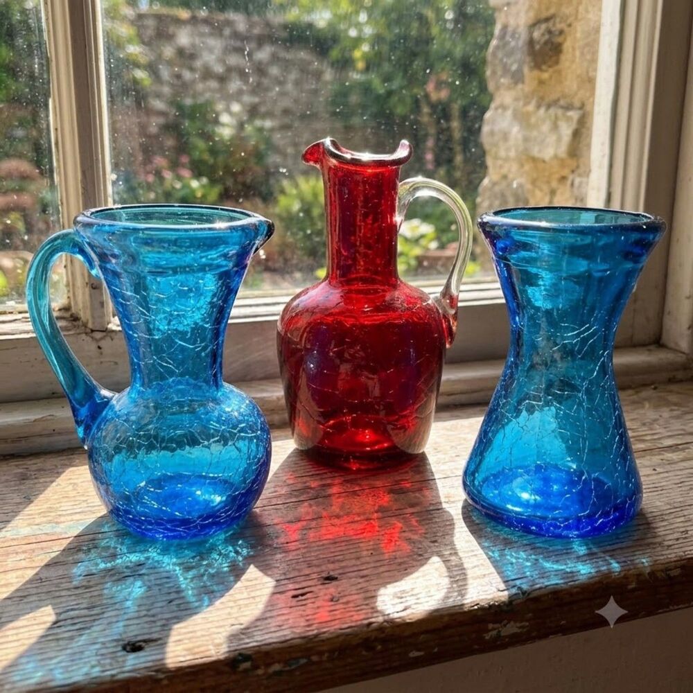 VTG Crackle Glass Mini Pitchers & Vase Hand Blown Art Glass Blue Red Lot of 3